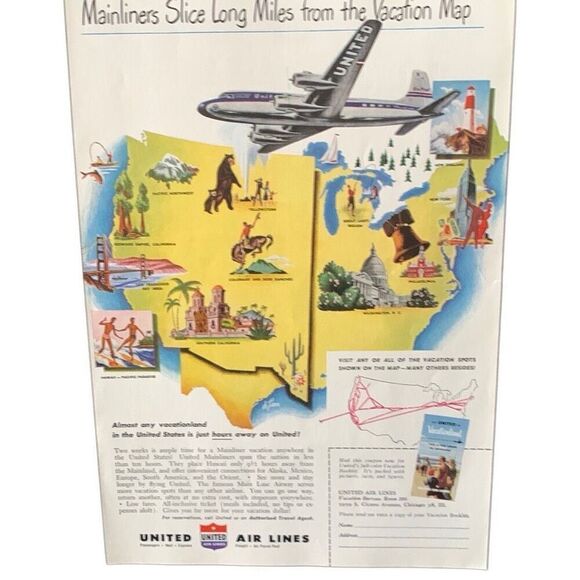Vintage United Air Lines Vacation Map Ad Advertisement - Picture 3 of 4